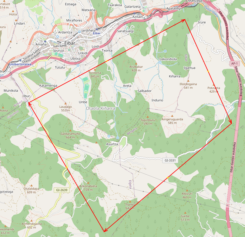 Eibar eta Bergara artean parke eoliko egitasmoa mapa